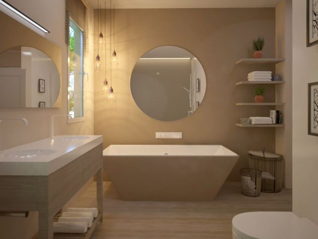 diseño de baño moderno bañera con espejo redondo y lavabo