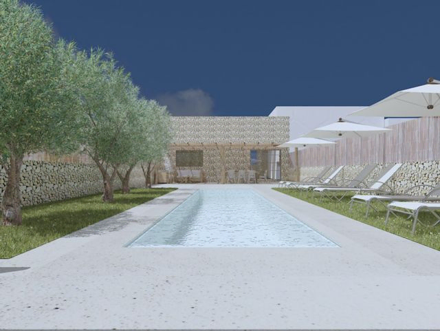 diseño 3d de zona de piscina de hotel